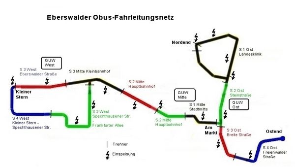 Speiseabschnitte der Eberswalder Obus-Fahrleitung