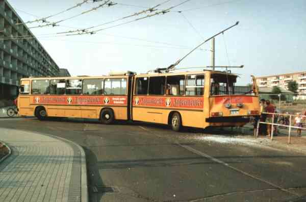 Articulated trolleybus no. 021 of the Hungarian type Ikarus 280.93 (out of service and sold)