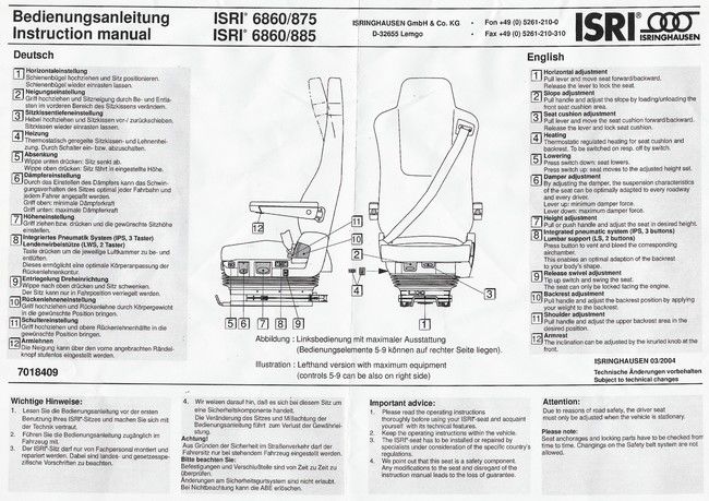 Bedienungsanleitung des Fahrersitzes vom Typ ISRI® 6860/885