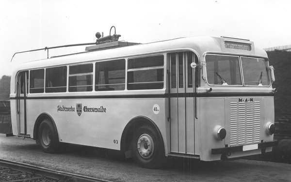 Trolleybus no. 03(I) of the German type MPE 1 at the terrain of the
company Fahrzeugbau Schumann GmbH Werdau/Germany