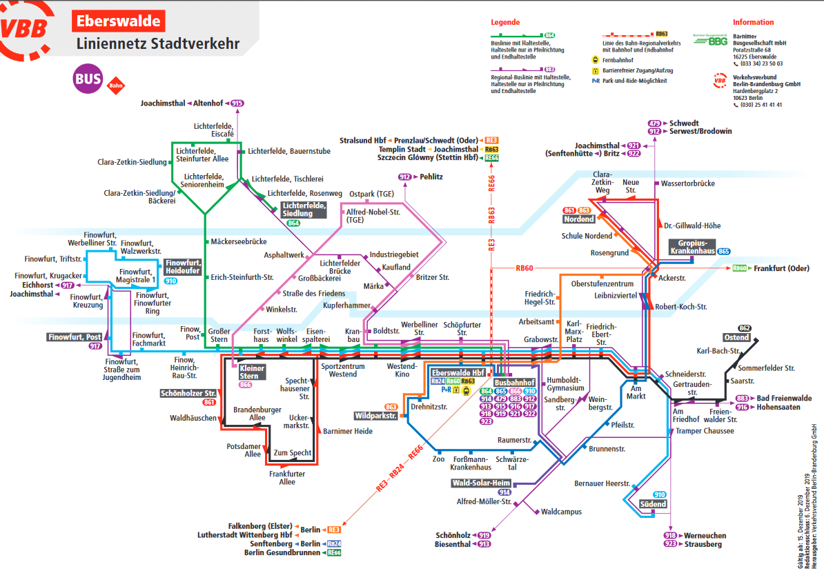 Bus and trolleybus route network for the Eberswalde local city transport