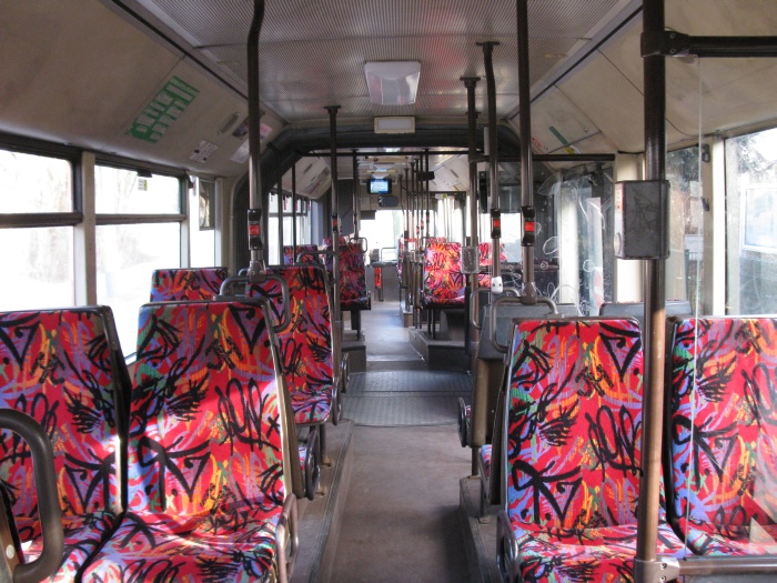 Articulated trolleybus no. 011 of the Austrian type ÖAF Gräf & Stift NGE 152 M17 - back interior view