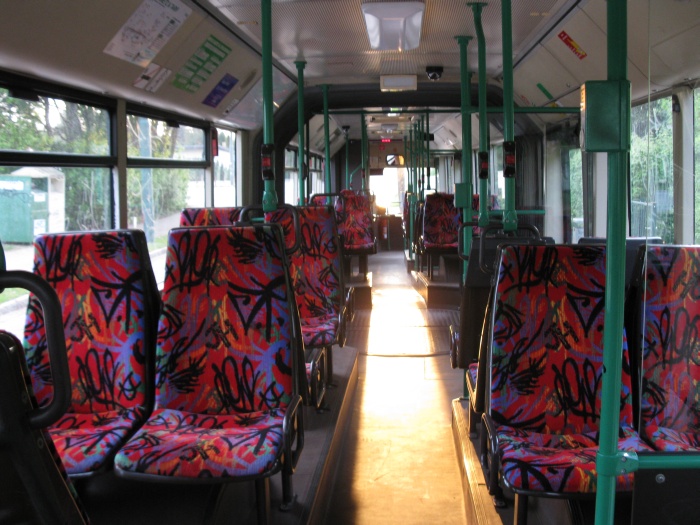 Articulated trolleybus no. 029 of the Austrian type ÖAF Gräf & Stift NGE 152 M17 - back interior view
