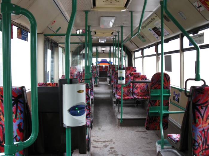 Articulated trolleybus no. 032 of the Austrian type ÖAF Gräf & Stift NGE 152 M17 - front interior view