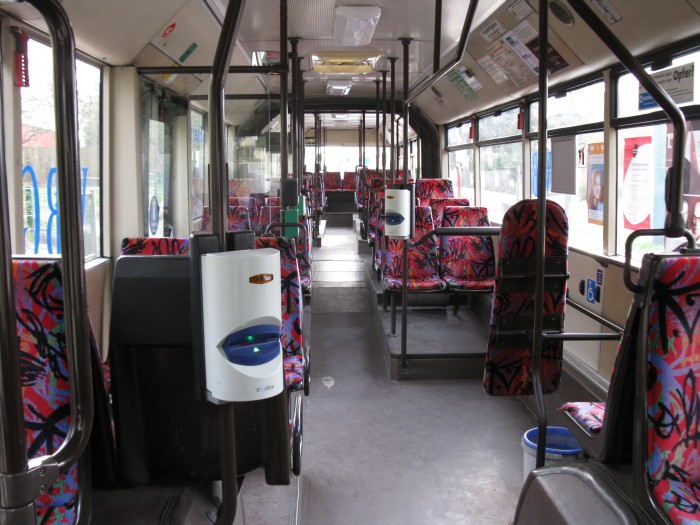 Articulated trolleybus no. 040 of the Austrian type ÖAF Gräf & Stift NGE 152 M18 - front interior view