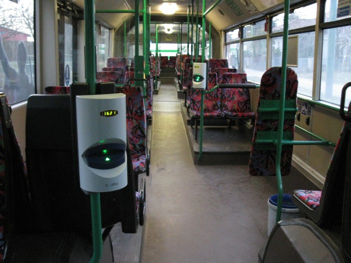 Articulated trolleybus no. 017 of the Austrian type ÖAF Gräf & Stift NGE 152 M18 - front interior view