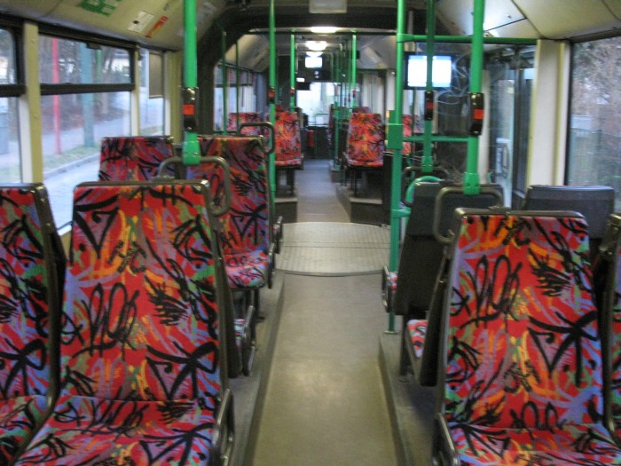 Articulated trolleybus no. 017 of the Austrian type ÖAF Gräf & Stift NGE 152 M18 - back interior view
