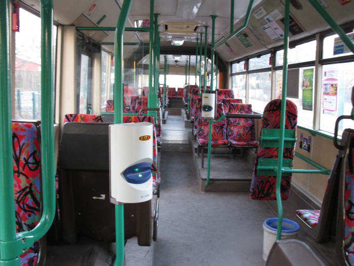 Articulated trolleybus no. 038 of the Austrian type ÖAF Gräf & Stift NGE 152 M18 - front interior view