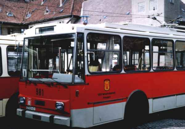 Former Eberswalde trolleybus no. 3(IV) of the Czech type ŠKODA 14 Tr03 in Potsdam on 09 June 1992