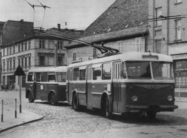 Trolleybus no. 01(III) of the Czech type ŠKODA 8 Tr10 with trailor no. XII (out of
service)