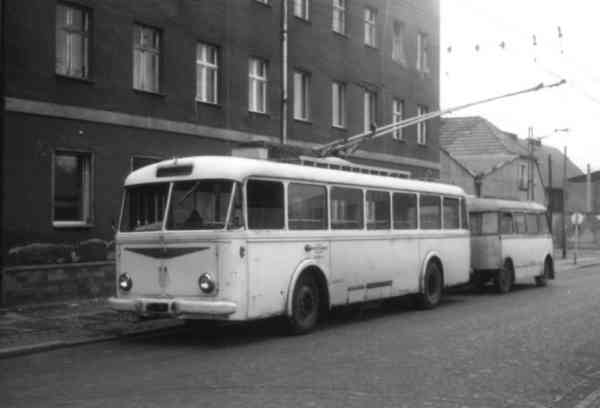 Trolleybus no. 11(II) of the Czech type ŠKODA 8 Tr6 with a trailer of the German type W 701 (scrapped)