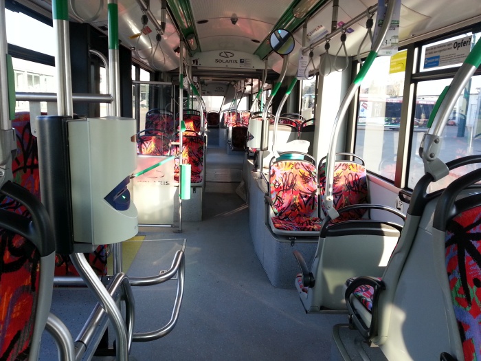 Articulated trolleybus no. 051 of the Polish type Solaris Trollino 18 AC - front interior view