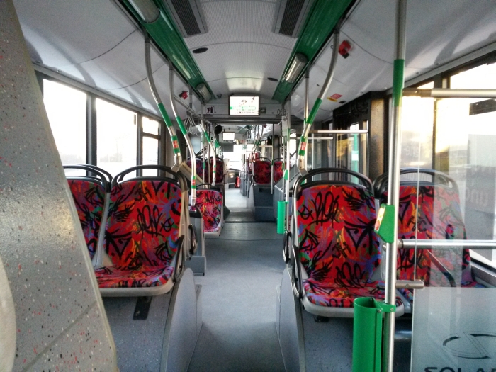 Articulated trolleybus no. 053 of the Polish type Solaris Trollino 18 AC - back interior view