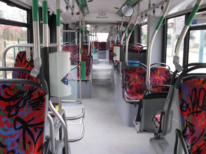 Articulated trolleybus no. 054 of the Polish type Solaris Trollino 18 AC - front interior view