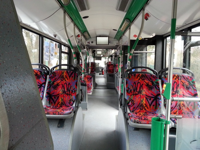Articulated trolleybus no. 055 of the Polish type Solaris Trollino 18 AC - back interior view