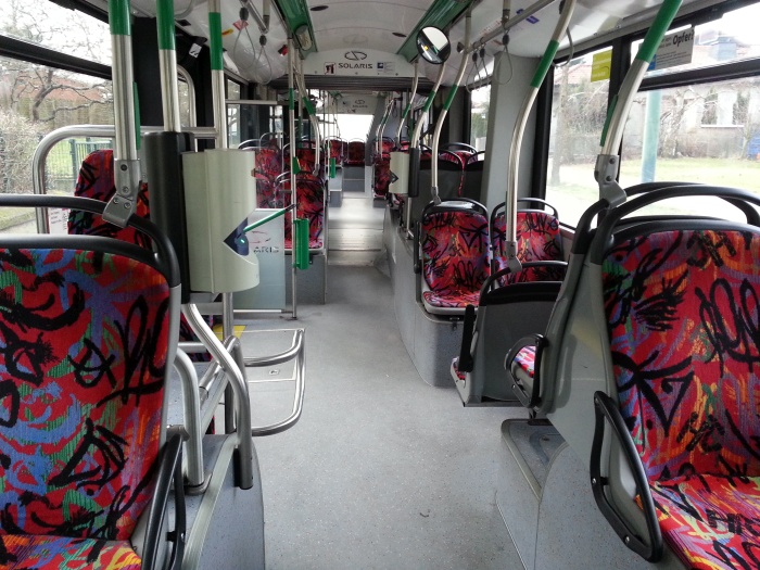 Articulated trolleybus no. 055 of the Polish type Solaris Trollino 18 AC - front interior view