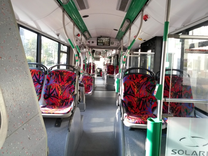 Articulated trolleybus no. 059 of the Polish type Solaris Trollino 18 AC - back interior view