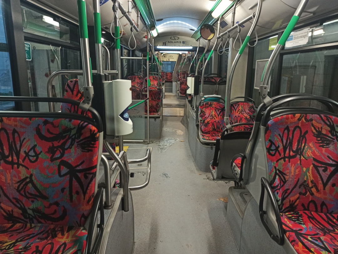 Articulated trolleybus no. 054 of the Polish type Solaris Trollino 18 III Cegelec AC - front interior view