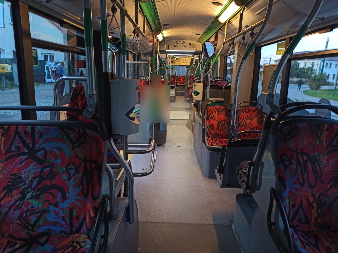 Articulated trolleybus no. 059 of the Polish type Solaris Trollino 18 III Cegelec AC - front interior view