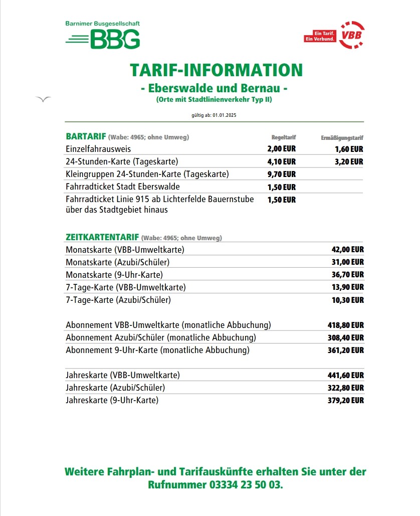 Tarif-Information gültig ab 01.01.2025