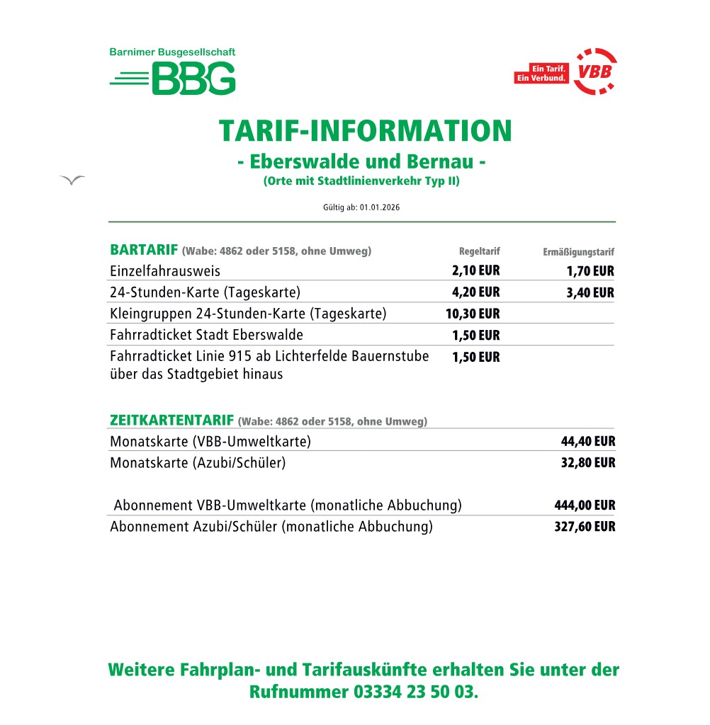 Tarif-Information g&uuml;ltig ab 01.01.2026