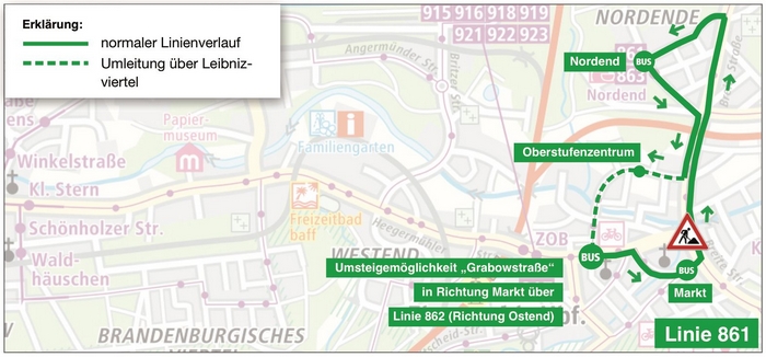 Von Nordend mit der Obus-Linie 861 bis zur Haltestelle „Grabowstraße” fahren, dort aussteigen und auf der gegenüberliegenden Straßenseite in die Obus-Linien 861 oder 862 (Richtung Nordend oder Ostend) einsteigen und zum Markt fahren.